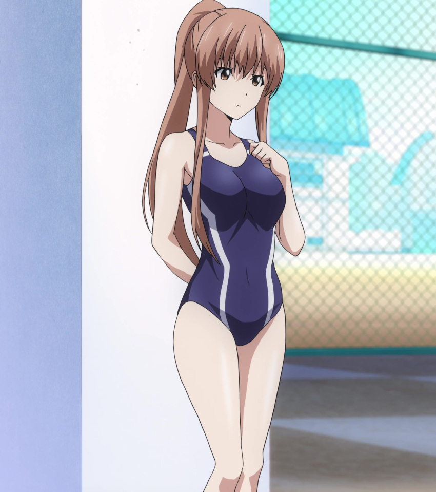 1girl aoba_kazane brown_hair highres keijo!!!!!!!! ponytail solo standing stitched swimsuit
