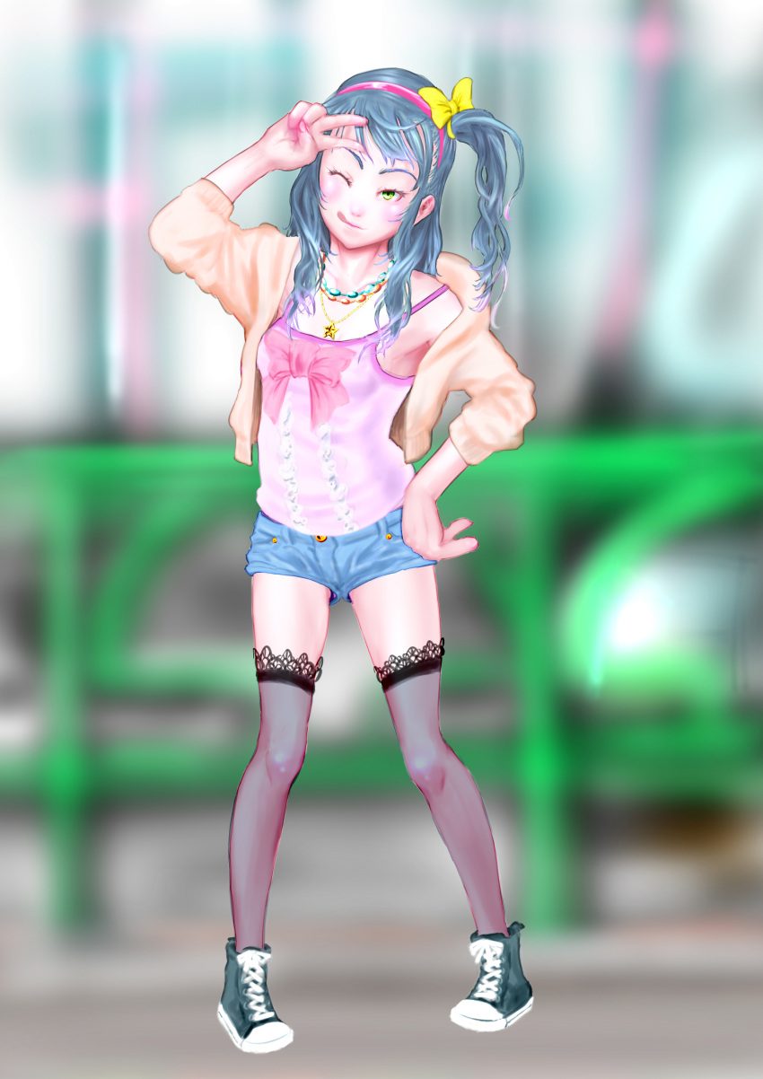 1girl ;p bare_shoulders blush bow child female full_body hair_bow hair_ornament hatsutonegitoro jacket jewelry long_sleeves necklace one_eye_closed original shiny shiny_skin shoes short_shorts side_ponytail solo standing tanktop tongue tongue_out v
