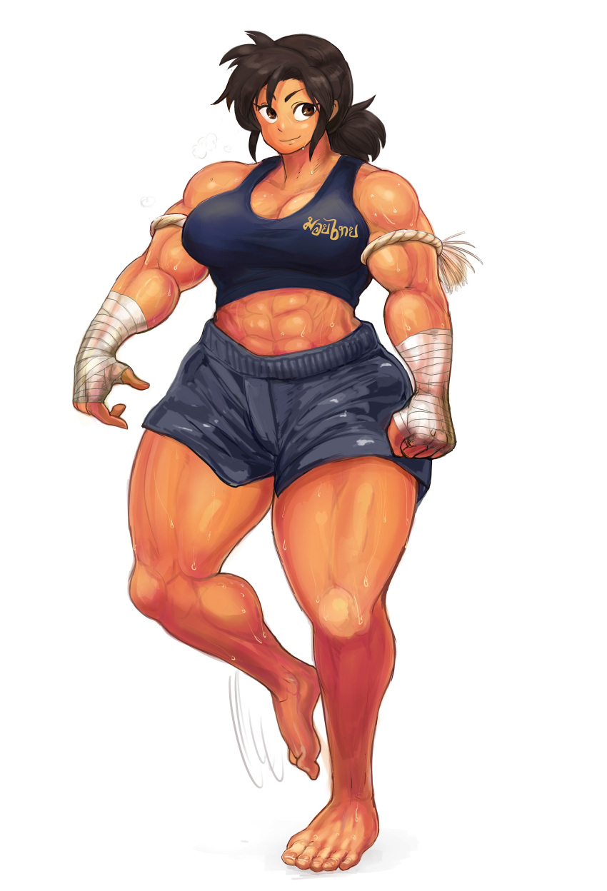 1girl abs artist_name bandage barefoot black_hair breasts brown_eyes female muscle shorts smile solo sweat thick_thighs thighs