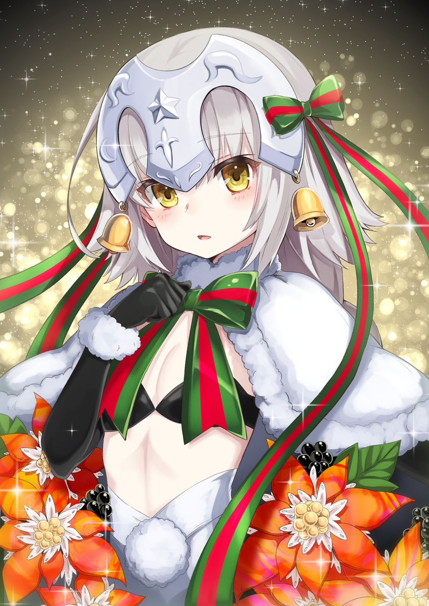 1girl bell black_gloves blurry bokeh bow capelet christmas crescent depth_of_field elbow_gloves eyebrows eyebrows_visible_through_hair fate/grand_order fate_(series) flat_chest flower fur_trim gloves grey_hair headpiece highres hilo_(joy_hero) jeanne_alter jeanne_alter_(santa_lily)_(fate) looking_at_viewer night night_sky parted_lips poinsettia pom_pom_(clothes) ribbon ruler_(fate/apocrypha) short_hair sky solo sparkle star star_(sky) starry_sky upper_body yellow_eyes