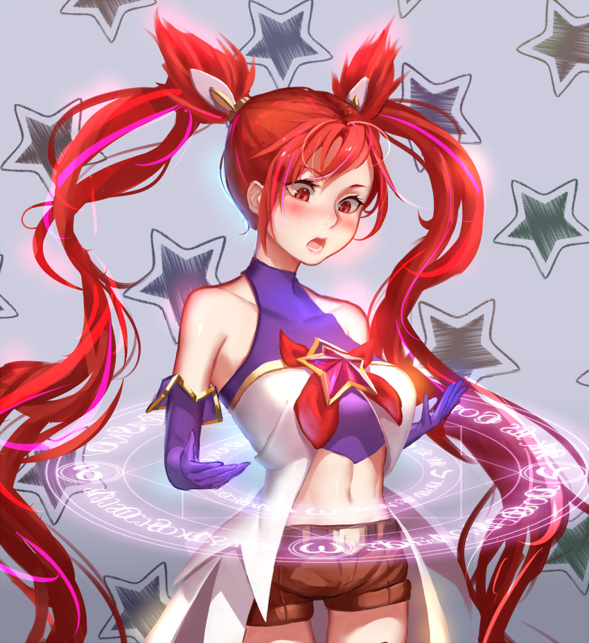 alternate_breast_size alternate_costume alternate_hair_color blush elbow_gloves jinx_(league_of_legends) league_of_legends long_hair magical_girl redhead shorts solo star_guardian_jinx twintails very_long_hair