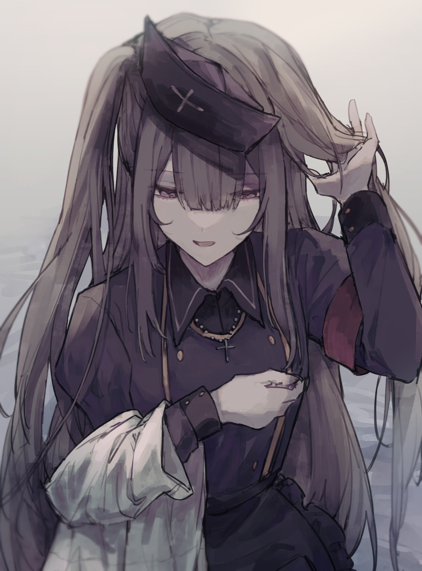 1girl absurdres armband blunt_bangs center-flap_bangs coat commentary_request cross gradient_background grey_hair hair_half_undone hand_in_own_hair hat highres indie_virtual_youtuber kaku_(kaku_skl) long_hair looking_down minai_karte nurse nurse_cap one_side_up open_mouth red_armband sleeve_cuffs solo undressing untying unworn_coat upper_body very_long_hair virtual_youtuber