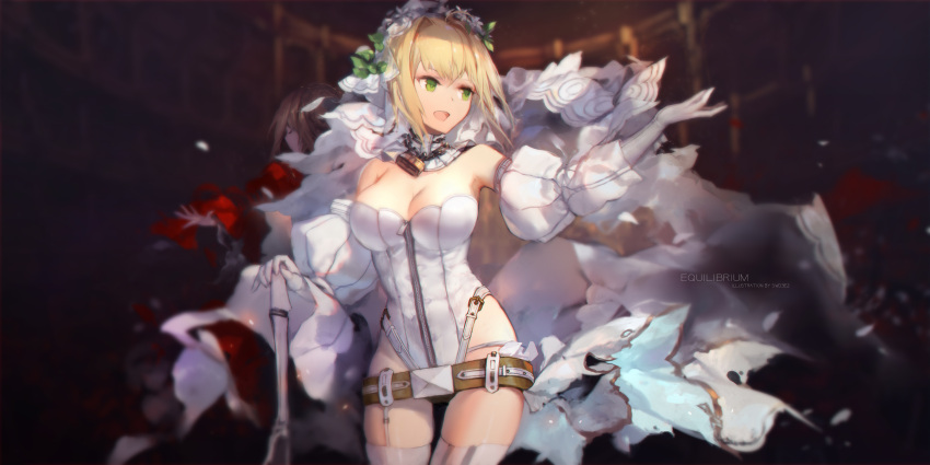 2girls absurdres blonde_hair breasts chains cleavage corset dress dual_persona epaulettes eyebrows_visible_through_hair eyelashes fate/extella fate/extra fate/grand_order fate_(series) gloves green_eyes highres holding holding_weapon leotard lock multiple_girls padlock saber_bride saber_extra see-through smile swd3e2 weapon wedding_dress
