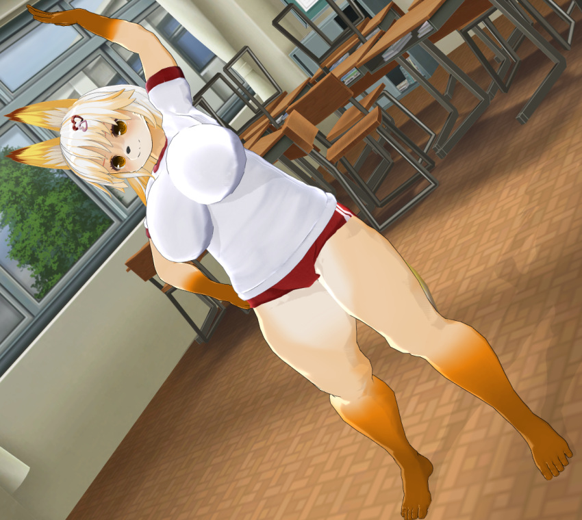 1girl 3d artist_request blonde_hair breasts classroom copyright_request custom_maid_3d_2 female fox furry gym_uniform indoors nature plant red_eyes solo sportswear uniform