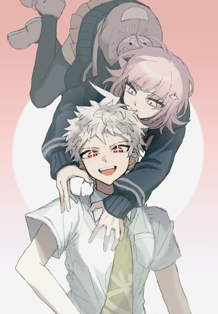 1boy 1girl :d absurdres ahoge animal_bag black_jacket black_thighhighs breast_pocket brown_background brown_hair brown_skirt cat_bag danganronpa_(series) danganronpa_2:_goodbye_despair galaga green_necktie grey_hair grey_shirt hair_ornament highres hinata_hajime hinata_hajime_(awakened) jacket long_sleeves medium_hair miniskirt nanami_chiaki necktie oteage pink_bag pink_eyes pleated_skirt pocket shirt short_hair short_sleeves skirt smile sparkling_eyes teeth thigh-highs upper_body upper_teeth_only white_background