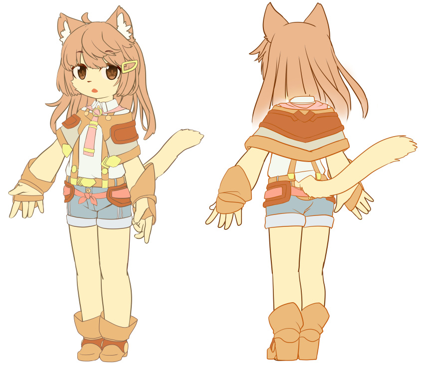 androgynous artist_request boots brown_eyes brown_hair cat character_sheet flat_color full_body furry gloves long_hair open_mouth simple_background solo white_background