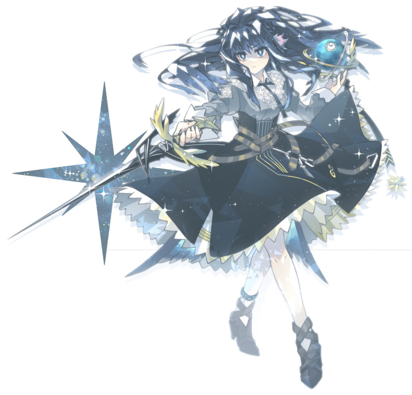 1girl arknights astesia_(arknights) bangs blue_eyes blue_hair closed_mouth eyebrows_visible_through_hair highres holding holding_sword holding_weapon infection_monitor_(arknights) long_hair long_skirt long_sleeves morini_ochiteru skirt solo sword weapon white_background
