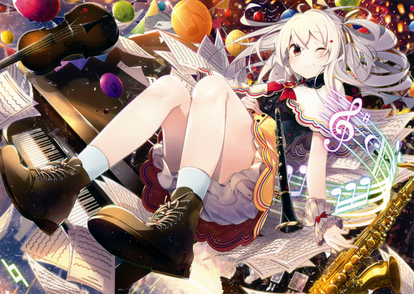 1girl ahoge blonde_hair blush boots cloak dress female highres instrument long_hair music nmaaaaa one_eye_closed original piano red_eyes ribbon smile solo tied_hair twintails violin wink