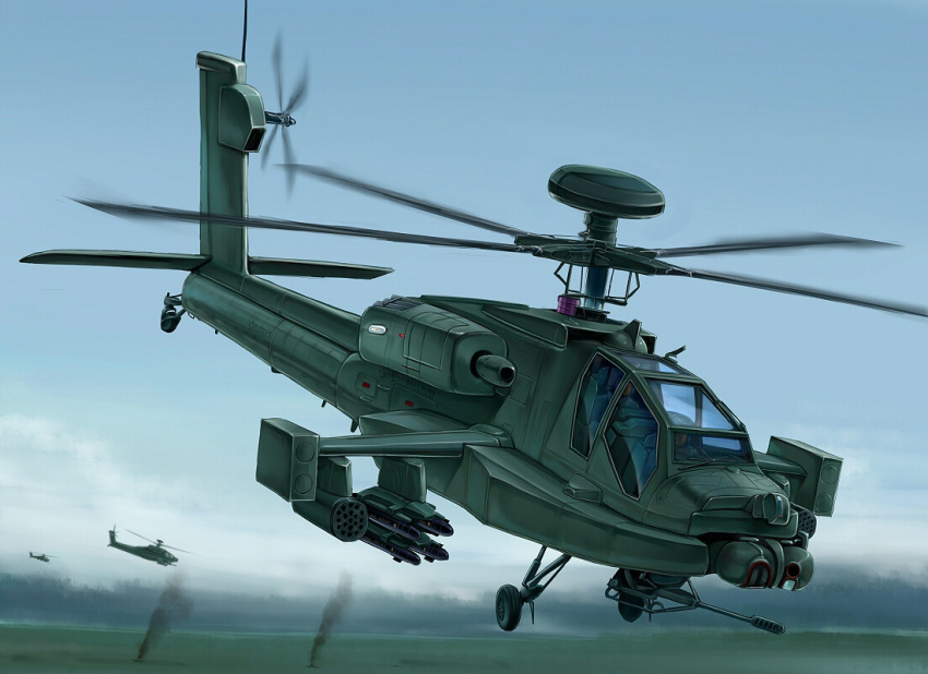 2boys ah-64_apache air-to-surface_missile aircraft attack_helicopter autocannon cannon flying helicopter kcme military multiple_boys original pilot rocket_pods sky smoke vehicle_focus