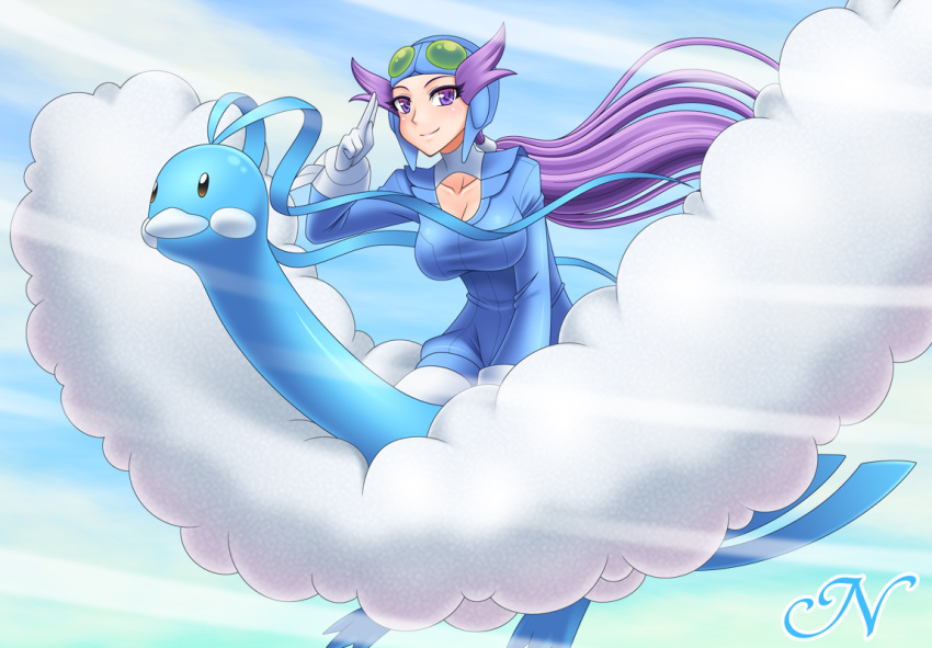 1girl altaria artist_request aviator_goggles breasts cleavage flying gloves goggles goggles_on_head gym_leader large_breasts long_hair nagi_(pokemon) pokemon pokemon_(creature) pokemon_(game) pokemon_rse purple_hair saluting sky smile violet_eyes