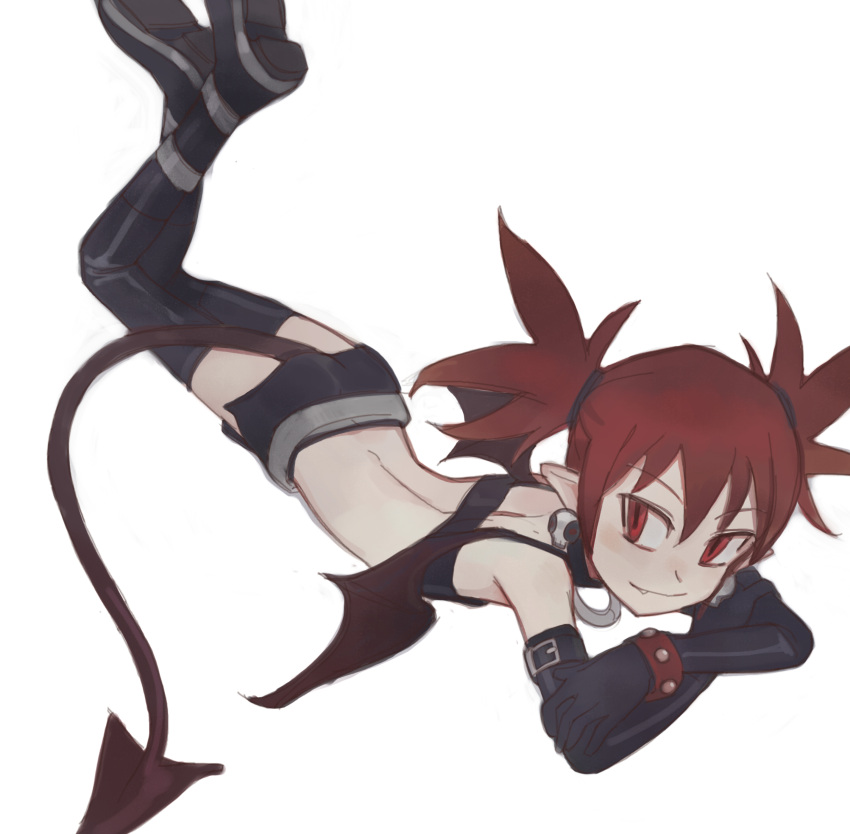1girl black_legwear child closed_mouth disgaea earrings elbow_gloves etna eyebrows lying on_stomach red_eyes redhead season_(artist) shoes shorts simple_background skull solo tail white_background wings