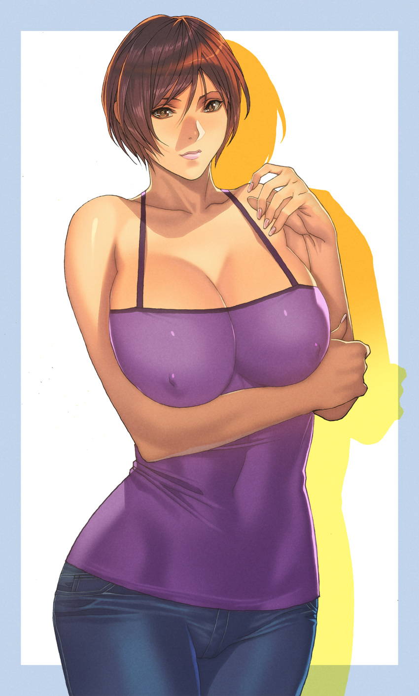 1girl breasts brown_hair cleavage homare_(fool's_art) large_breasts short_hair skin_tight solo