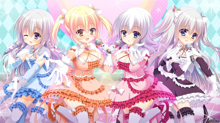 4girls breasts character_request cleavage dress female group logo multiple_girls psychic_hearts thigh-highs yuyumatsu