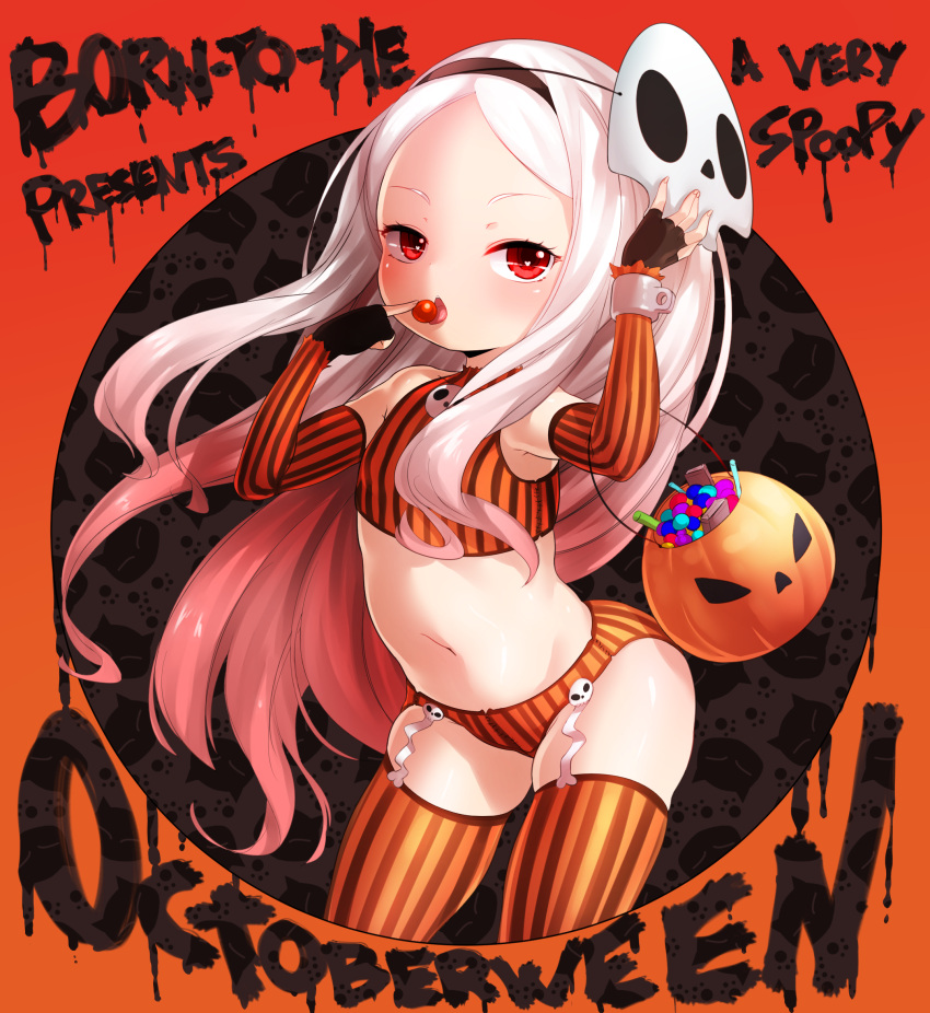 1girl arched_back blush born-to-die candy character_request child copyright_request english eyebrows fingerless_gloves hairband halloween_costume long_hair looking_at_viewer mask navel open_mouth shiny shiny_skin solo striped_legwear thigh-highs