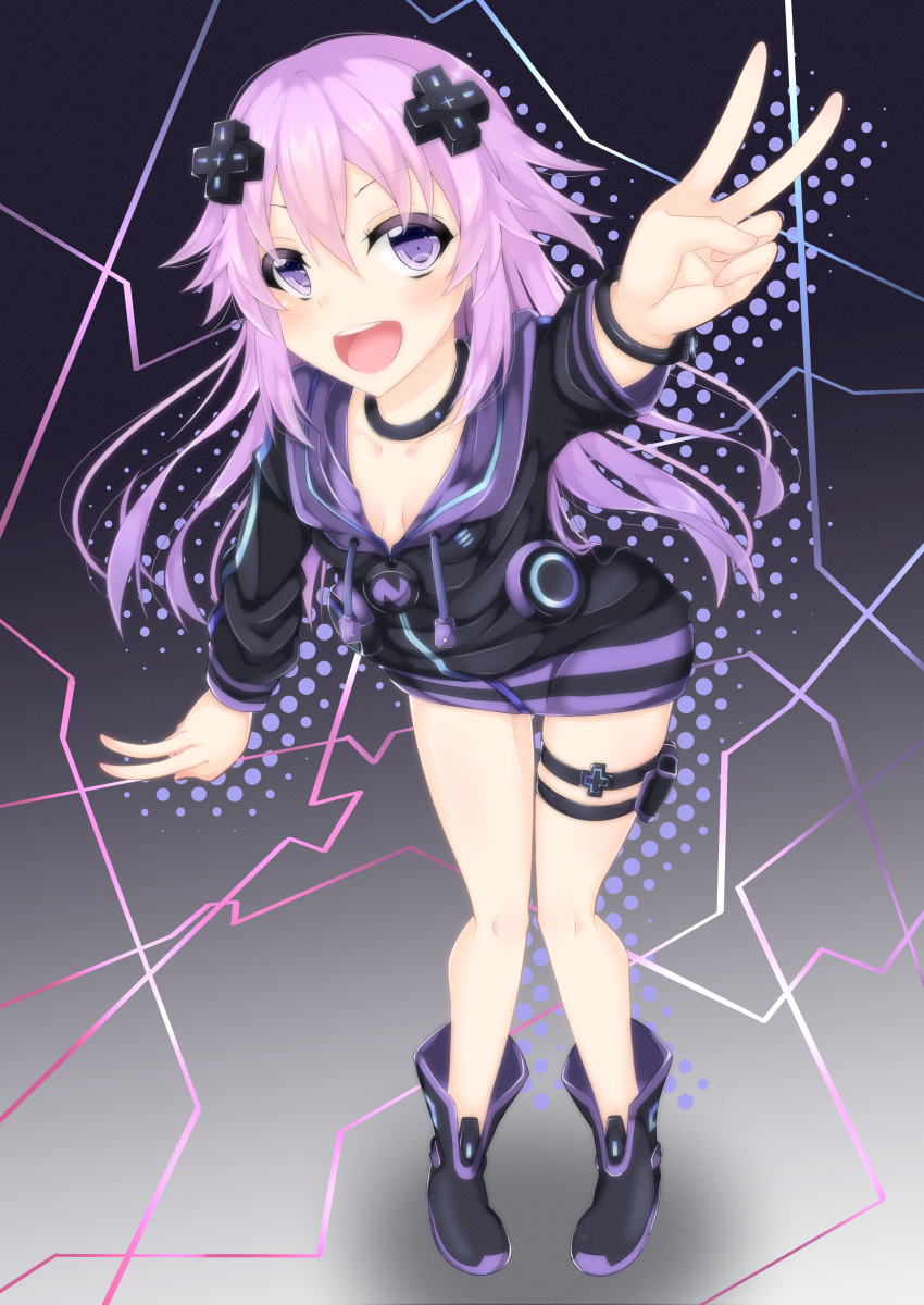 1girl adult_neptune blush bow breasts choker choujigen_game_neptune cleavage d-pad female hair_bow hair_ornament hood hooded_track_jacket jacket long_hair long_sleeves looking_at_viewer neptune_(series) open_clothes open_mouth purple_hair solo thigh_strap track_jacket violet_eyes