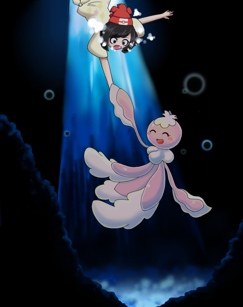 bubble drowning female female_protagonist_(pokemon_sm) frillish hat open_mouth peril pokemon pokemon_(game) pokemon_sm smile tagme underwater