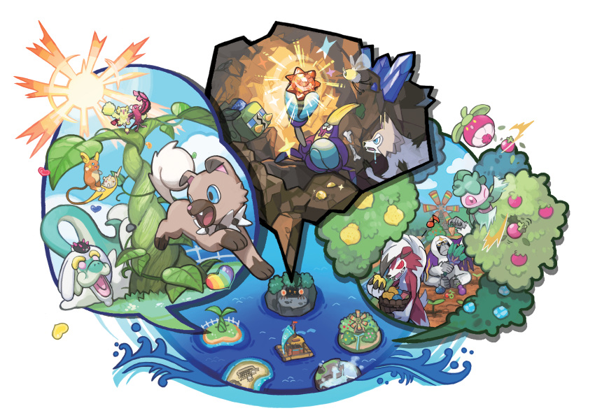 alolan_raichu berries bounsweet charjabug crabrawler crystal cutiefly drampa fomantis gem highres island lycanroc no_humans ocean official_art oricorio oricorio_(baile_style) oricorio_(pom-pom_style) passimian pokemon pokemon_(creature) pokemon_sm pyukumuku raft raichu rockruff sun togedemaru windmill