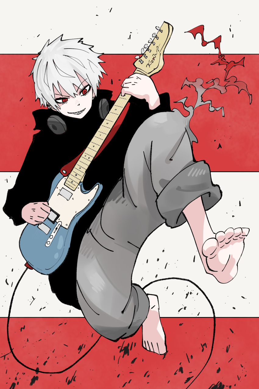 1boy absurdres barefoot black_hoodie commentary_request electric_guitar full_body grey_hair grey_pants grin guitar hair_between_eyes headphones headphones_around_neck highres holding holding_instrument hood hood_down hoodie instrument kuzuha_(nijisanji) male_focus music nijisanji pants playing_instrument red_eyes sharp_teeth smile soles solo teeth v-shaped_eyebrows virtual_youtuber yowayowap