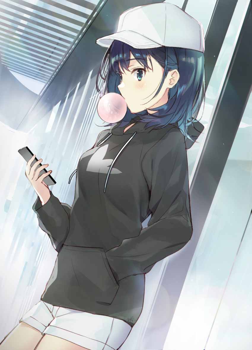 1girl absurdres baseball_cap black_sweater blue_eyes blue_hair blush bubble_blowing cellphone cowboy_shot dutch_angle hand_in_pocket hat highres hiromu_yume holding holding_phone hood hood_down hooded_sweater long_hair long_sleeves original phone shiny shiny_hair short_shorts shorts smartphone solo standing sweater white_headwear white_shorts