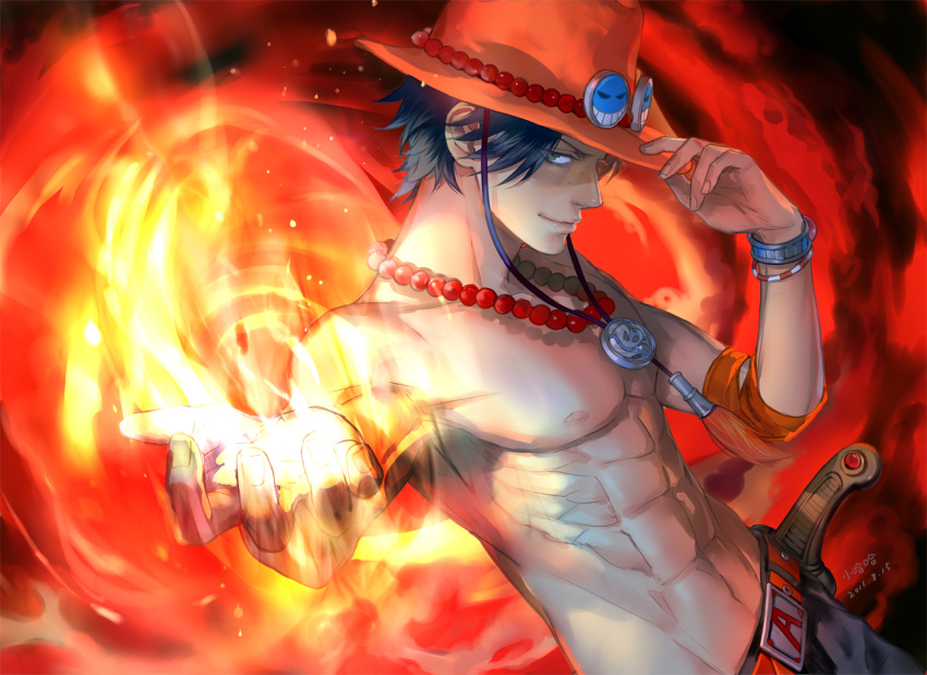 1boy abs beaded_necklace belt bracelet brown_eyes elbow_pads fire hand_on_hat hat jewelry knife magic male_focus necklace one_piece pixiv_id_4407132 portgas_d_ace smiley stampede_string topless