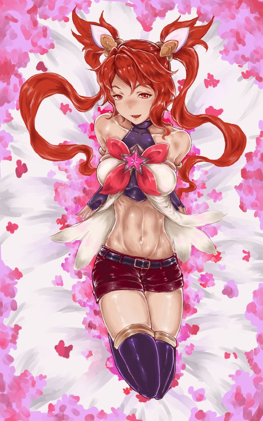 1girl alternate_costume alternate_hair_color breasts jinx_(league_of_legends) league_of_legends magical_girl short_shorts shorts smile solo star_guardian_jinx thigh-highs twintails