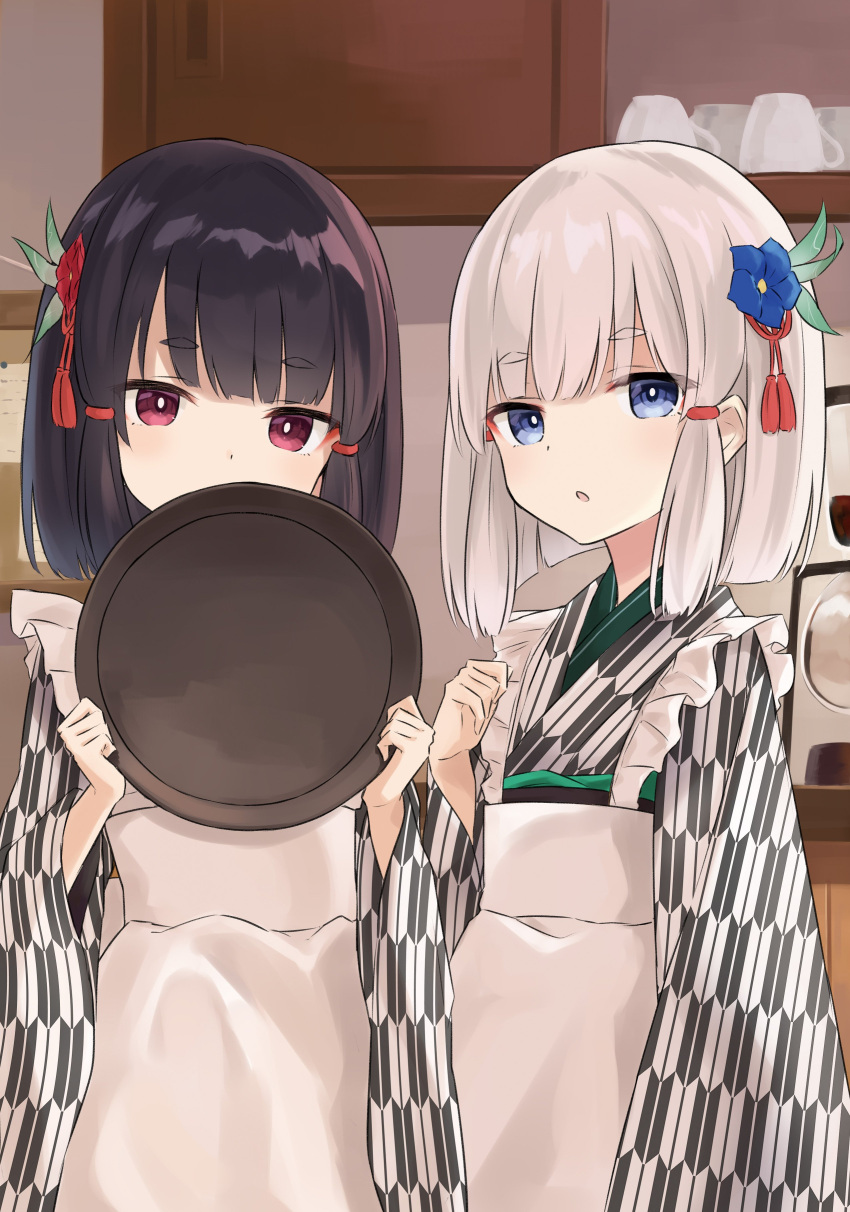 2girls absurdres apron azuuru_(azure0608) black_hair blue_eyes chloe_(riviere_to_inori_no_kuni) coffee_maker_(object) covering_mouth cup eyebrows_visible_through_hair flower hair_flower hair_ornament highres holding holding_tray indoors japanese_clothes looking_at_viewer multiple_girls novel_illustration official_art red_eyes riviere_to_inori_no_kuni short_hair siblings sirona_(riviere_to_inori_no_kuni) sisters standing tray twins upper_body white_hair
