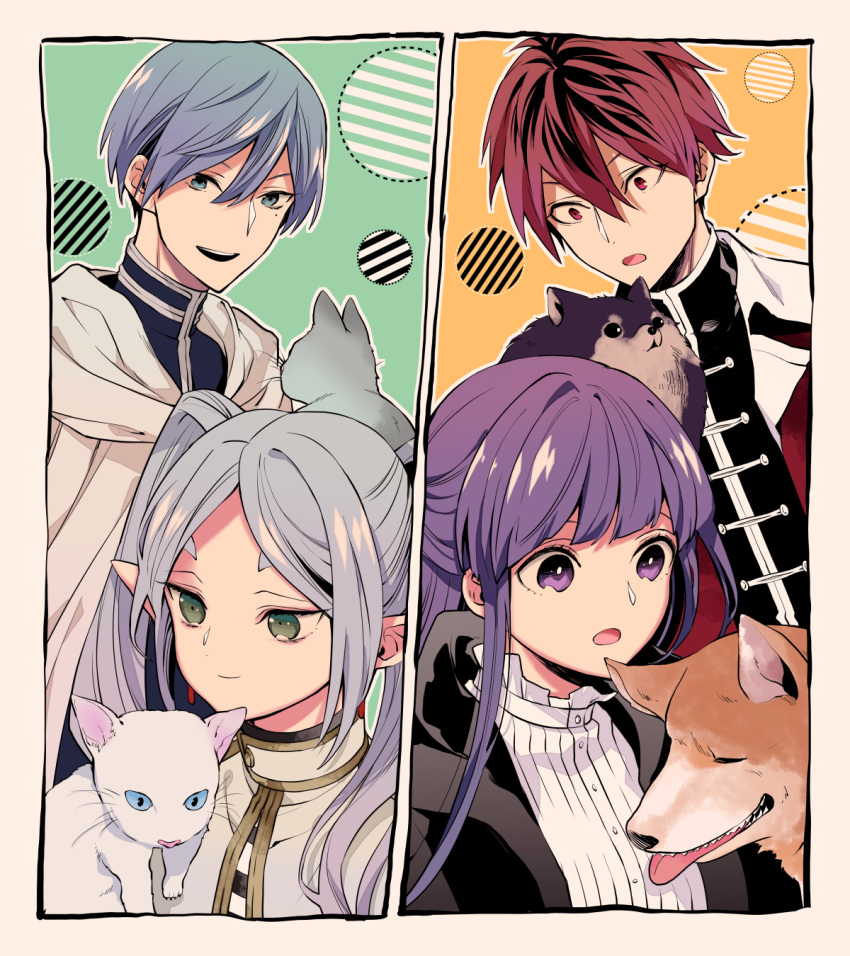 2boys 2girls :o animal black_hair cape cat closed_mouth dog fern_(sousou_no_frieren) fox frieren green_background green_eyes hair_between_eyes highres himmel_(sousou_no_frieren) holding holding_animal holding_cat mole mole_under_eye multicolored_hair multiple_boys multiple_girls nanahachi_77889 orange_background purple_hair redhead short_hair smile sousou_no_frieren stark_(sousou_no_frieren) two-tone_hair violet_eyes