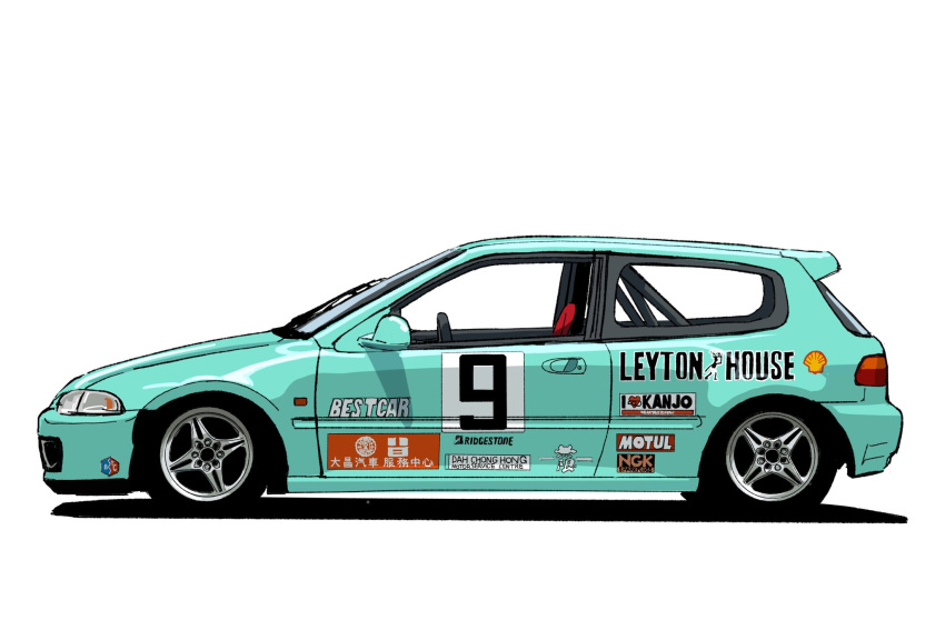 blue_car car from_side highres hikageno honda honda_civic motor_vehicle motul_(company) no_humans original shadow shell_(company) simple_background vehicle_focus white_background