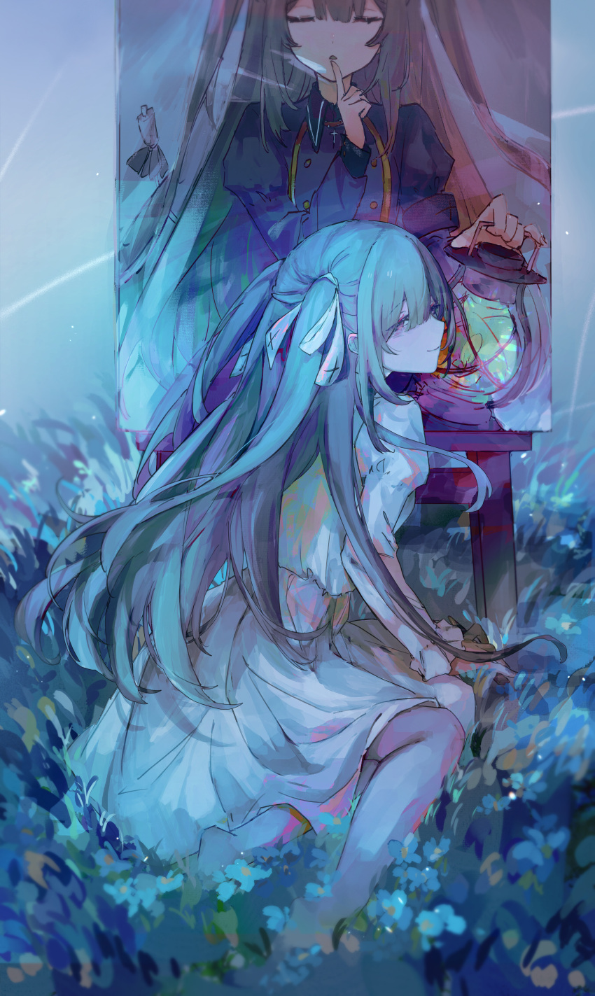 1girl absurdres bare_legs barefoot commentary_request dot_nose dress easel field finger_to_mouth flower flower_field from_side grasslands grey_hair hair_ribbon highres holding_lamp index_finger_raised indie_virtual_youtuber juliet_sleeves kaku_(kaku_skl) light_smile long_hair long_sleeves looking_at_viewer looking_back minai_karte oil_lamp on_grass outdoors painting_(object) parted_lips puffy_sleeves ribbon sitting solo two_side_up very_long_hair virtual_youtuber white_dress white_ribbon