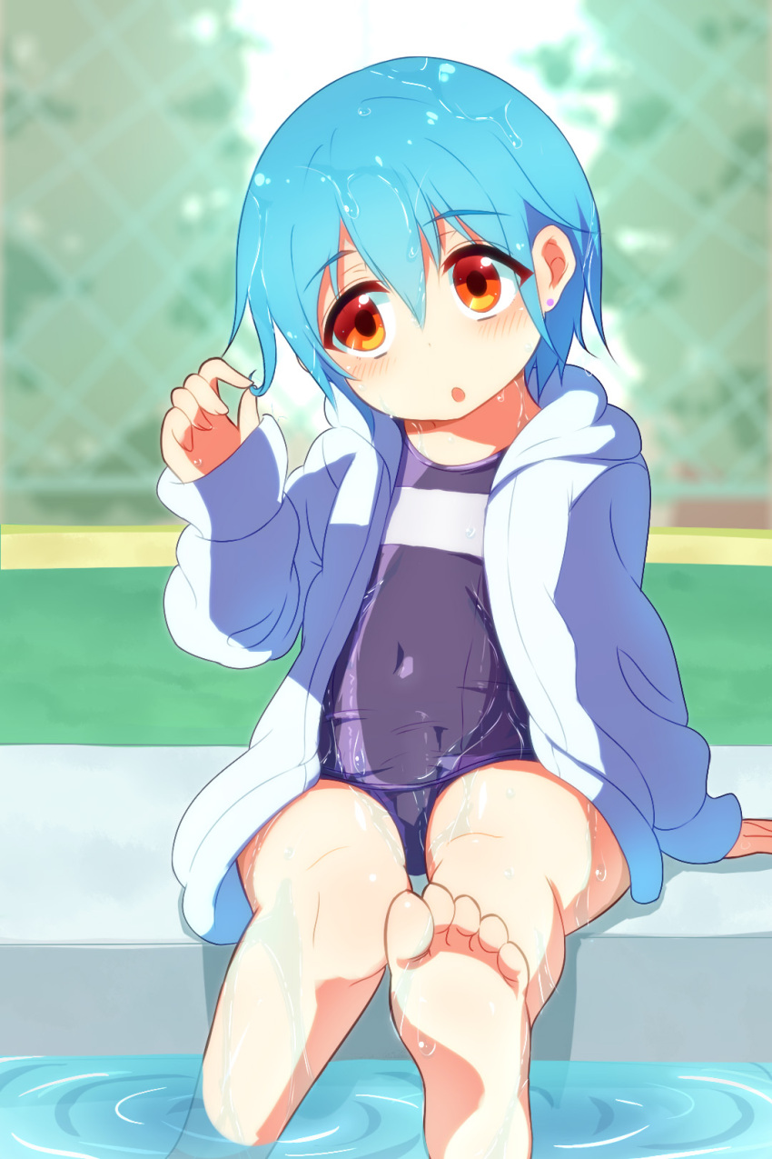 1boy :o atamae_(nerocaoss) barefoot blue_hair blush child eyebrows eyebrows_visible_through_hair feet one-piece_swimsuit open_mouth shiny shiny_hair sitting solo swimsuit water wet