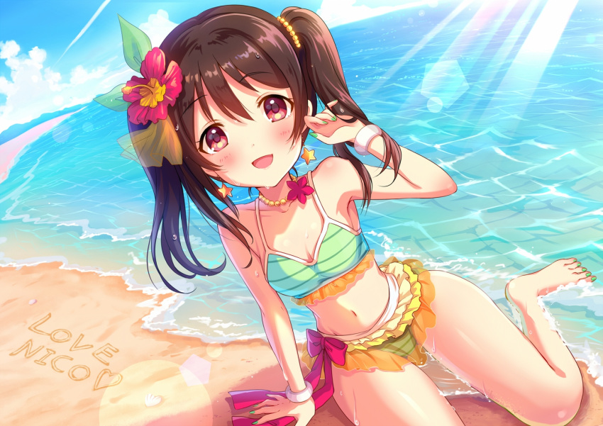 1girl arm_support barefoot beach bikini birthday blue_sky blush breasts brown_hair clouds dutch_angle earrings emyuu feet female green_nails hair_ornament hair_ribbon highres horizon jewelry looking_at_viewer love_live!_school_idol_project nail_polish natsuiro_egao_de_1_2_jump! navel necklace ocean outdoors red_eyes ribbon sand short_hair short_twintails sitting sky small_breasts solo star star_earrings swimsuit tied_hair toes twintails yazawa_nico