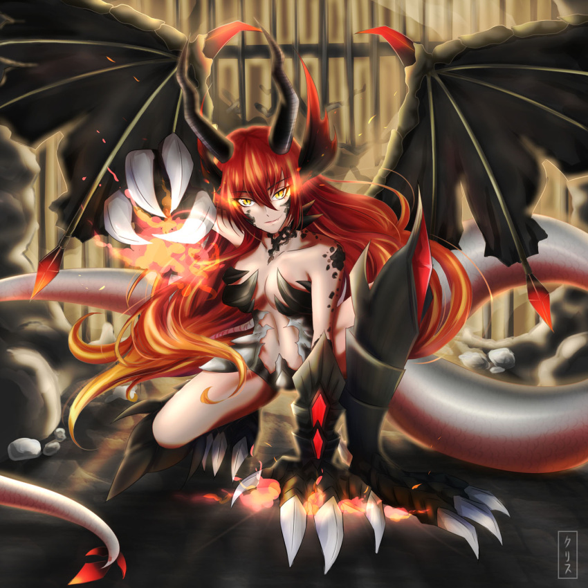 1girl claws dragon dragon_girl female foreshortening glowing_eyes horns monster_girl original scales smile solo tail wings yellow_eyes