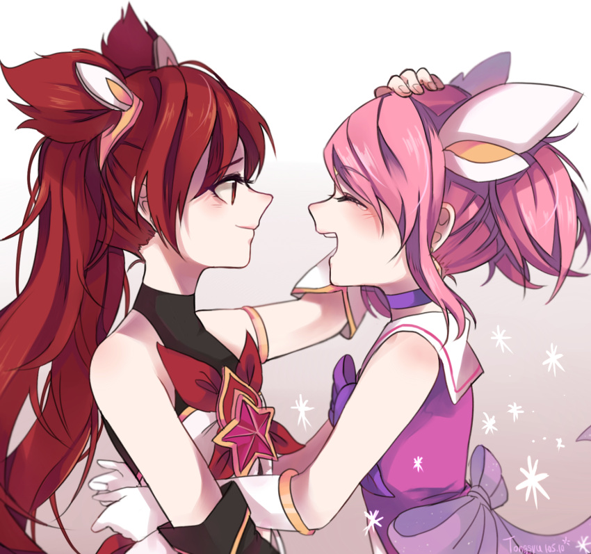 2girls alternate_costume alternate_hairstyle gloves headband jewelry jinx_(league_of_legends) league_of_legends long_hair luxanna_crownguard magical_girl multiple_girls pink_hair redhead smile star_guardian_jinx star_guardian_lux tied_hair twintails