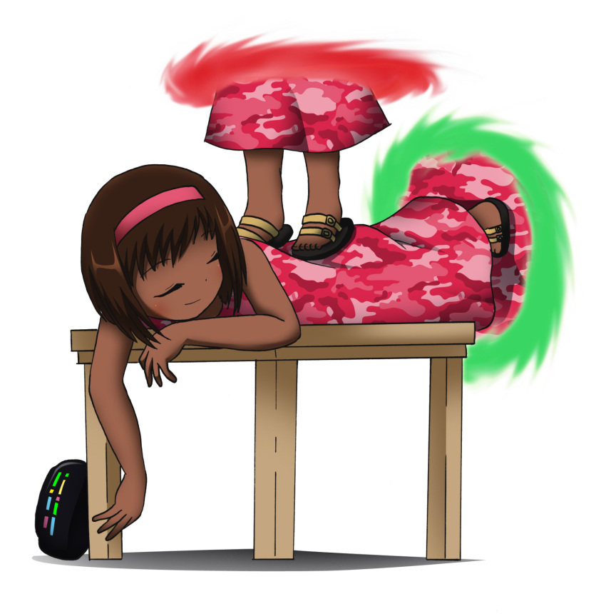 brown_hair closed_eyes dress girl massage now_you're_thinking_with_portals portal portal_(object) sandals smile table