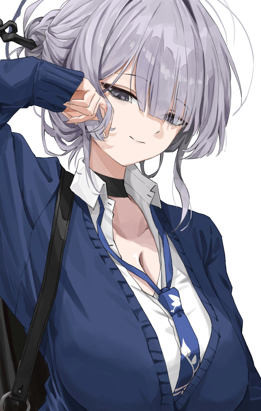 1girl absurdres bags_under_eyes black_choker blue_cardigan blue_necktie cardigan choker grey_eyes grey_halo hair_ornament hair_stick halo highres itokonoue_kaoru jeon_(user_ywaw3774) loose_hair_strand loose_necktie necktie open_collar project_kv solo sword sword_on_back weapon weapon_behind_back weapon_on_back