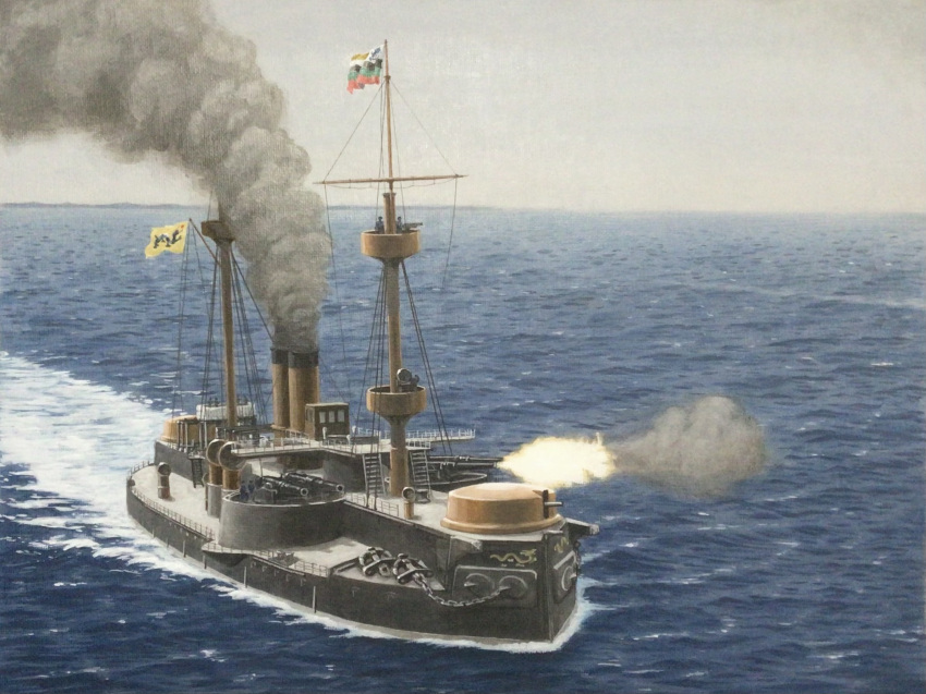 acrylic_paint_(medium) atelier_bono cannon cruiser dingyuan_(cruiser) first_sino-japanese_war flag highres imperial_chinese_navy mast military_vehicle ocean original overcast painting_(medium) qing_dynasty ship sky smokestack traditional_media turret warship watercraft