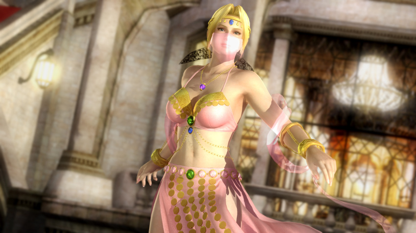 1girl 3d alternate_costume alternate_hairstyle arabian_clothes belly_dancer bikini blonde_hair breasts circlet dancer dead_or_alive dead_or_alive_5 female harem_outfit helena_douglas jewelry large_breasts long_hair midriff navel ponytail solo swimsuit veil