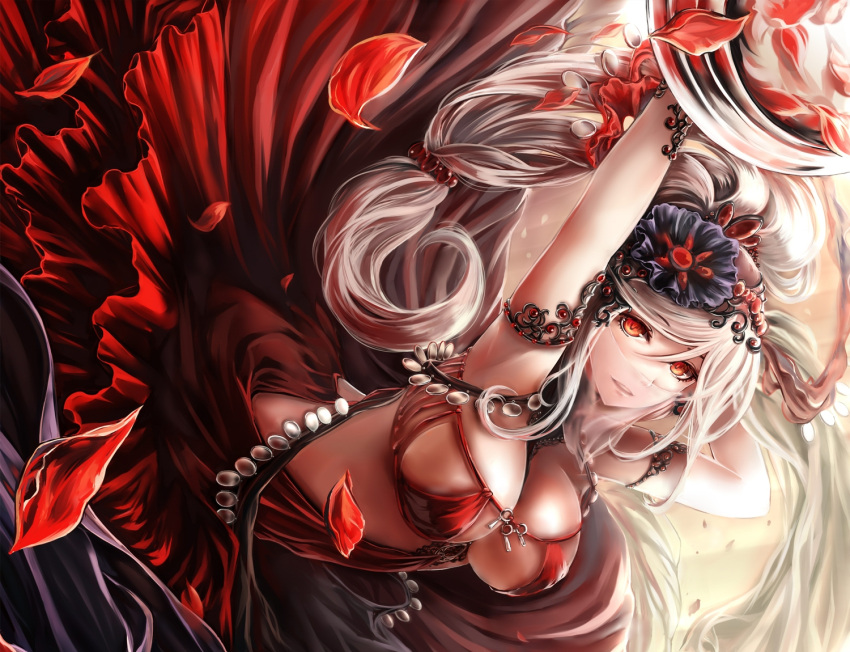 1girl arms_behind_head arms_up breasts cleavage dress female gin_ji headdress large_breasts long_hair looking_at_viewer original parted_lips petals ponytail red_eyes smile solo white_hair