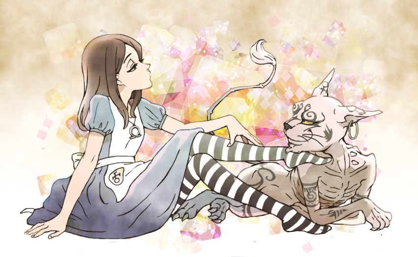 alice:_madness_returns alice_(wonderland) alice_in_wonderland american_mcgee's_alice apron brown_hair cat cheshire_cat dress long_hair necklace striped_legwear thigh-highs