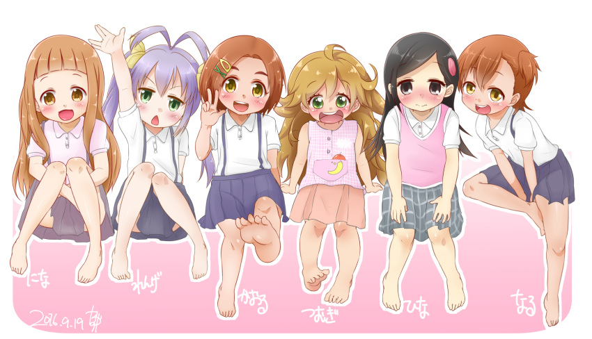 6+girls amaama_to_inazuma barakamon barefoot blush child closed_mouth crossover eyebrows eyebrows_visible_through_hair feet hair_ornament hairclip happy ichihara_nina idolmaster idolmaster_cinderella_girls inuzuka_tsumugi kazuya_lolicon kotoishi_naru kubota_hina long_hair looking_at_viewer miyauchi_renge multiple_girls non_non_biyori open_mouth orange_hair raising_hand ryuuzaki_kaoru school_uniform shiny shiny_hair shiny_skin short_hair sitting skirt smile uniform v x_hair_ornament