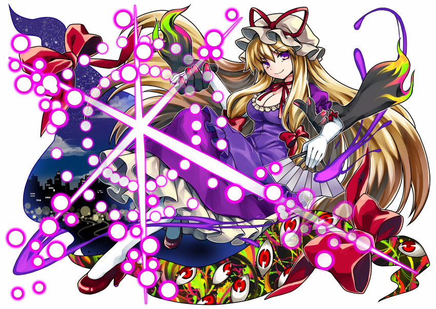 1girl absurdres blonde_hair bow breasts choker city cleavage danmaku dress elbow_gloves eyes full_body gap gloves hair_bow hair_ornament hands hat hat_ribbon high_heels highres laser layered_dress long_hair looking_at_viewer mob_cap puffy_sleeves purple_dress ribbon ribbon_choker short_sleeves smile socha solo touhou very_long_hair violet_eyes white_background white_gloves white_legwear yakumo_yukari