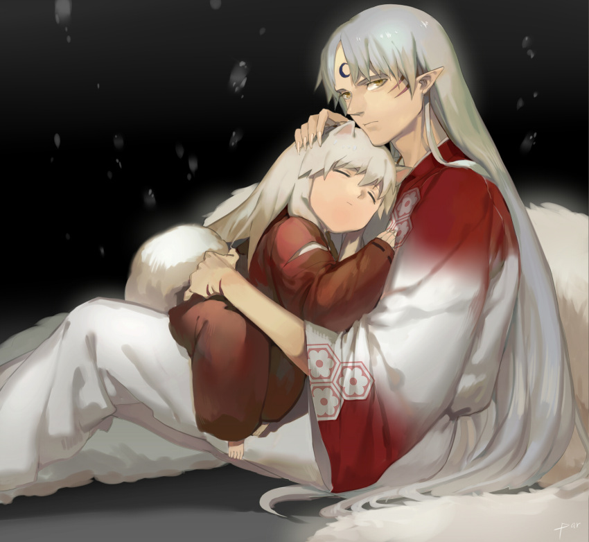 2boys brothers facial_mark inuyasha inuyasha_(character) male_focus multiple_boys pointy_ears sesshoumaru siblings white_hair