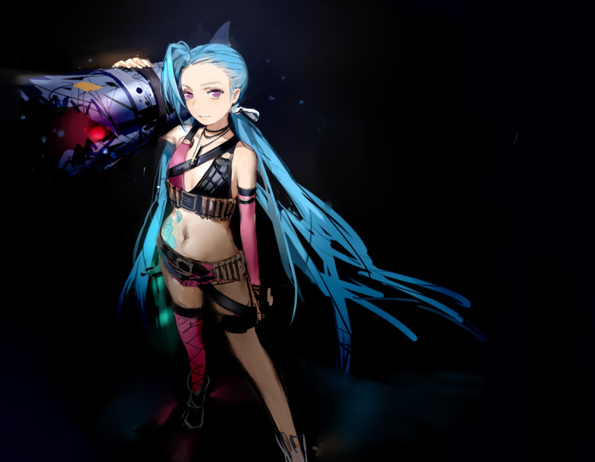 1girl belt blue_hair bullets cleavage jewelry jinx_(league_of_legends) league_of_legends lipstick long_hair makeup middle_finger necklace pink_eyes pink_lipstick shorts tattoo tied_hair twintails