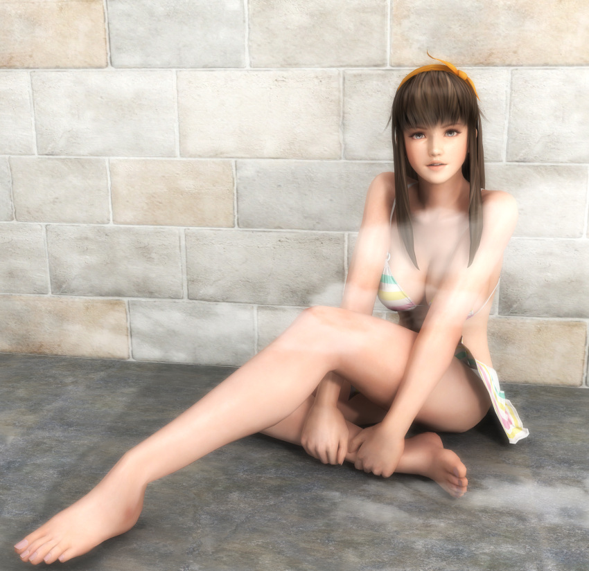 1girl 3d barefoot bikini blue_eyes breasts brown_hair dead_or_alive feet female full_body hair_ribbon hitomi_(doa) large_breasts looking_at_viewer sidelocks sitting solo steam swimsuit thepolterghost