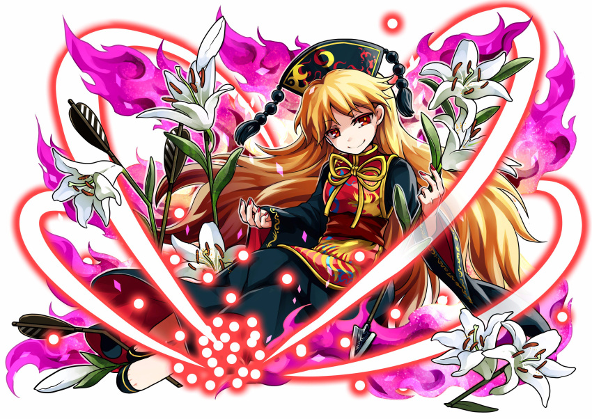 1girl absurdres black_dress chinese_clothes danmaku dress flower fox_tail full_body hat highres junko_(touhou) laser lily_(flower) long_hair long_sleeves looking_at_viewer multiple_tails orange_hair red_eyes ribbon sash sitting smile socha solo tabard tail touhou white_background wide_sleeves