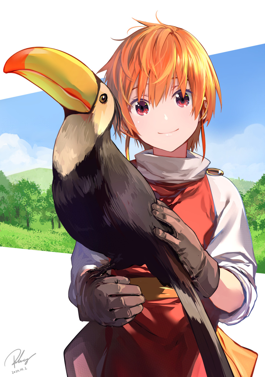 1girl bird blue_sky brown_gloves brown_hair clouds commentary dated gloves highres joy_(monster_farm) looking_at_viewer monster_farm outdoors re_lucy red_eyes sash signature sky smile toucan tree
