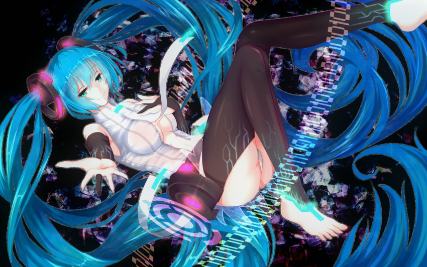 1girl bakanoe barefoot blue_hair breasts cleavage feet female green_eyes hatsune_miku headphones highres long_hair miku_append necktie no_bra open_clothes open_shirt panties smile solo thigh-highs tied_hair twintails underwear vocaloid vocaloid_append