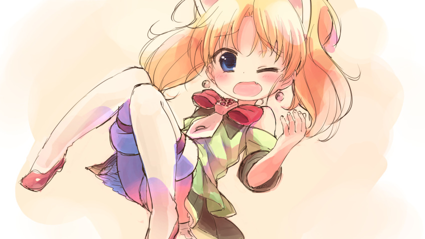 1girl blonde_hair blue_eyes bow dutch_angle earrings fang jewelpet looking_at_viewer miria_marigold_mackenzie one_eye_closed open_mouth red_bow red_shoes shoes sitting solo thigh-highs white_legwear