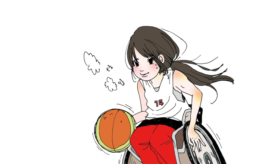 1girl artist_request basketball basketball_jersey black_hair female jersey long_hair olympics ponytail solo wheelchair