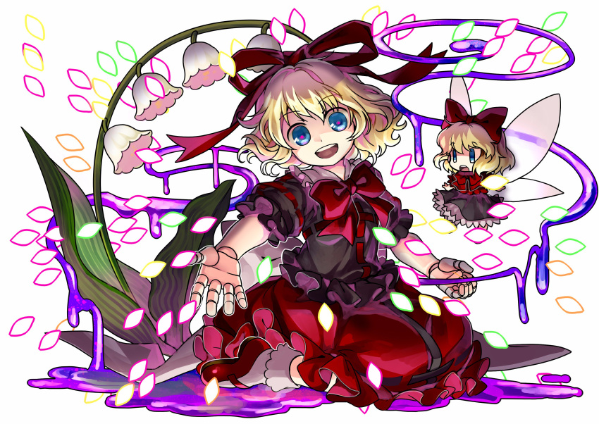 1girl absurdres blonde_hair blue_eyes danmaku doll_joints fairy fairy_wings flower full_body hair_ribbon highres lily_of_the_valley looking_at_viewer mary_janes medicine_melancholy poison puffy_sleeves ribbon shirt shoes short_hair short_sleeves sitting skirt smile socha socks solo su-san touhou white_background white_legwear wings